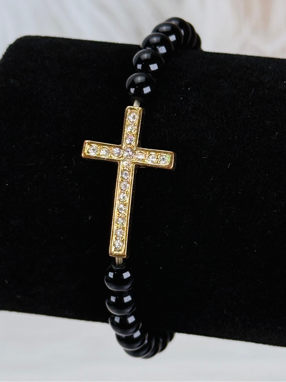 Dainty goldtone, cross, bling, black small beaded costume stretch bracelet